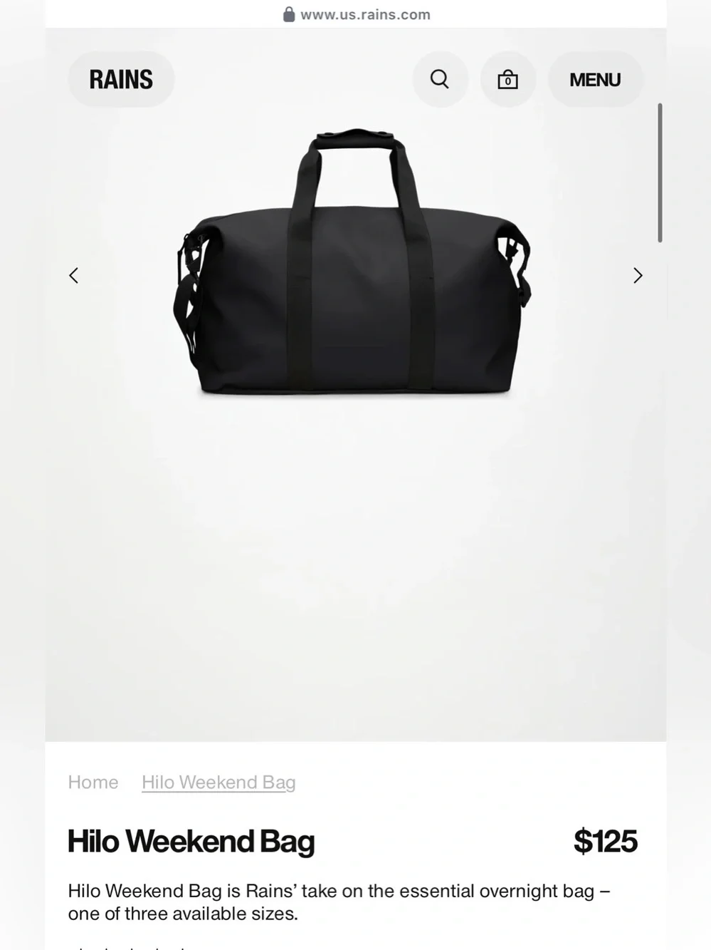 Rains Black hi know  Water-Resistant Duffel Bag with Strap NWT $125